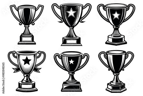 Editable Gold, silver, and bronze cups represent the shiny metal trophies awarded for achievement in a competition, signifying the winner's success and place