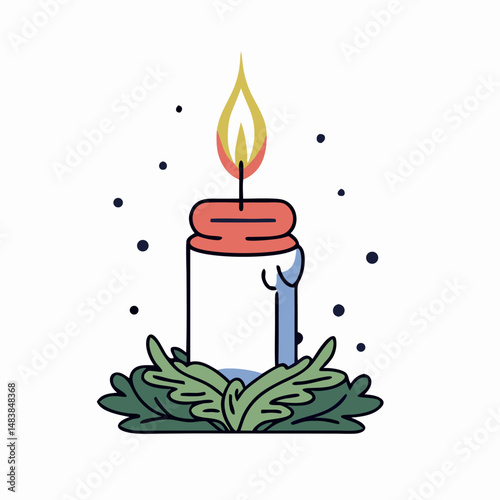 Lit Christmas Candle with Holly Wreath Illustration