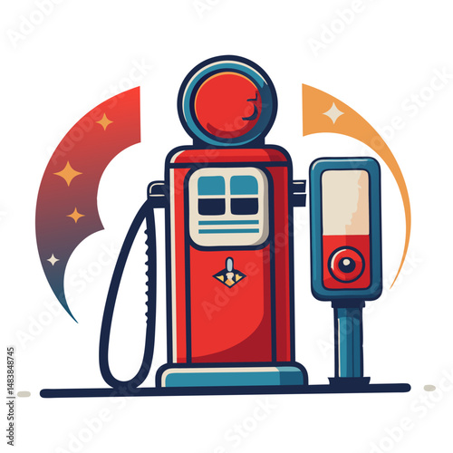 A colorful cartoon illustration of a retro-style red and blue gas pump with a hose and a separate display unit showing a red fuel level.