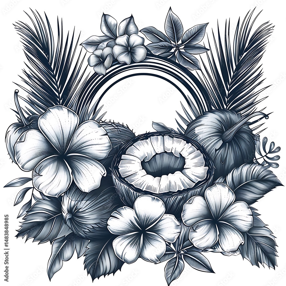 custom made wallpaper toronto digitalBlack and white coconut sketch with decorative tropical floral arrangement high resolution picture