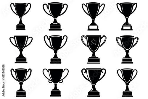 Set of trophy cups, including silver ones, symbolize the winner's achievement in a sport competition, often seen as a gold prize icon