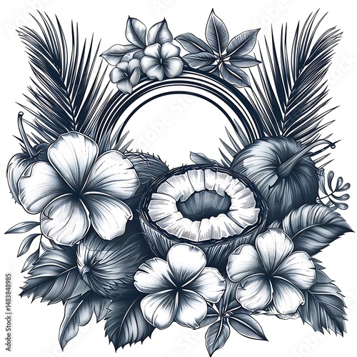Wallpaper Mural Black and white coconut sketch with decorative tropical floral arrangement high resolution picture Torontodigital.ca