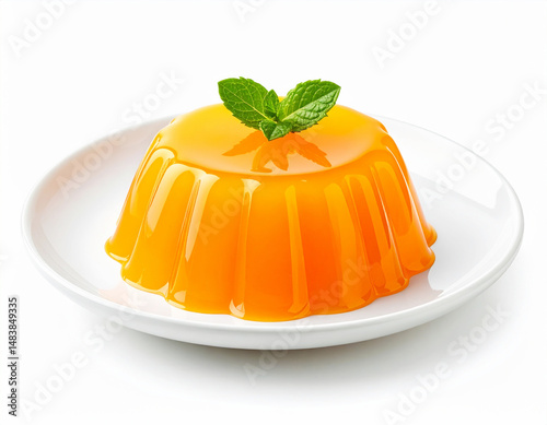 Orange molded gelatin dessert, white plate. AI