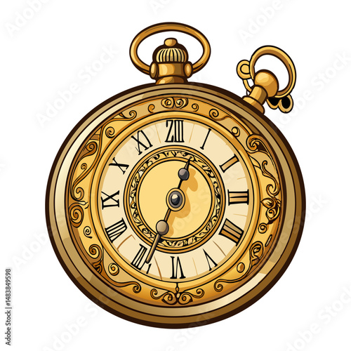 A detailed cartoon illustration of a gold vintage pocket watch with Roman numerals on a cream-colored face and ornate detailing.