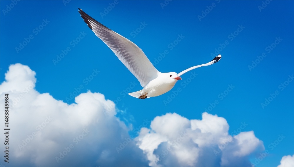 Obraz premium white seagull against the background of blue sky and white clouds