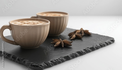 Spiced Milk Tea - Authentic Indian Beverage Made With Masala Chai And Assorted Spices Served On A Dark Slate Surface photo