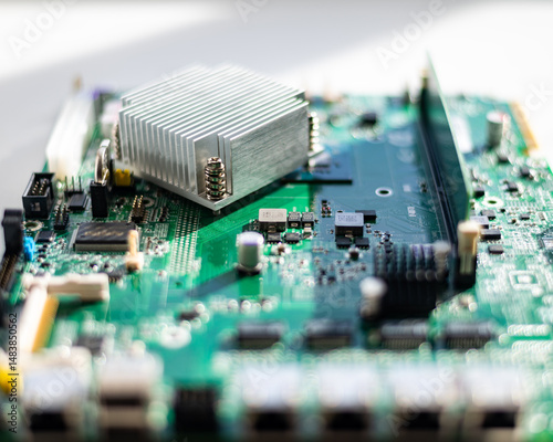 detailed view of a computer motherboard showcasing its complexity and cooling system.