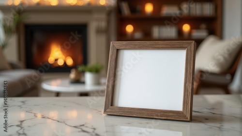 Blank mockup frame in a cozy living room with a warm fireplace ambiance.