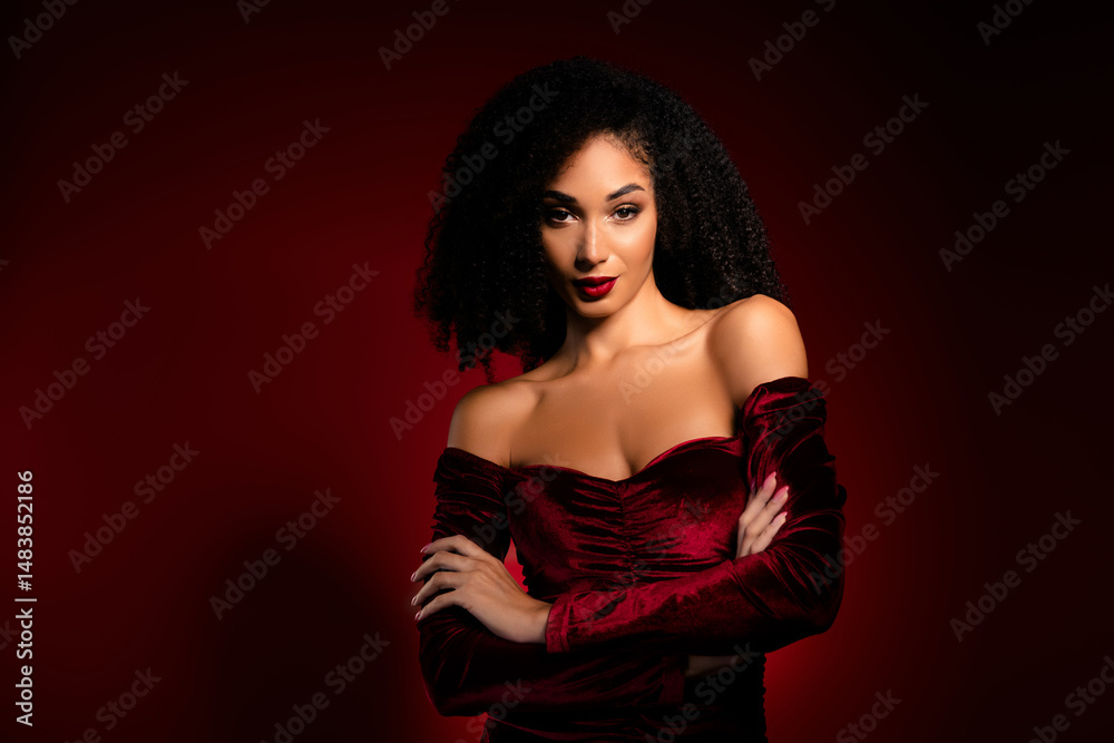 Photo of chic pretty girl with crossed hands looking tempting wearing velvet evening gown Photo of chic pretty girl with crossed hands looking tempting wearing velvet evening gown