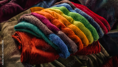 A Stack of Vibrant Knitted Fabrics in a Rainbow Color Scheme with Rich Texture and Shadows