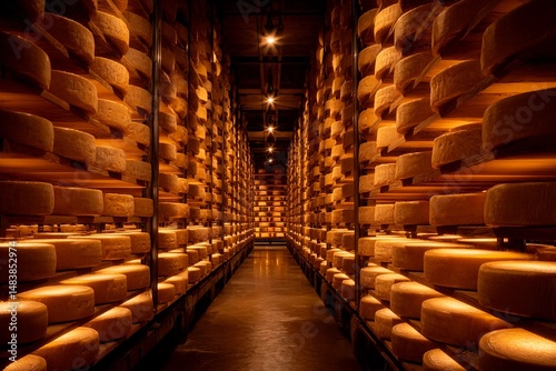 Shelves packed with wheels of cheese line a well-lit storage area, highlighting the intricate process of cheese aging in a professional setting. Warm lights create a cozy atmosphere