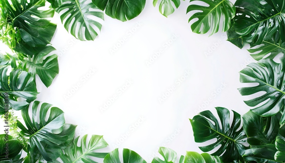 Fototapeta premium Monstera Leaves Arranged in a Circular Frame on White Background