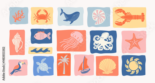 Set of vintage summer pictures in marine style.