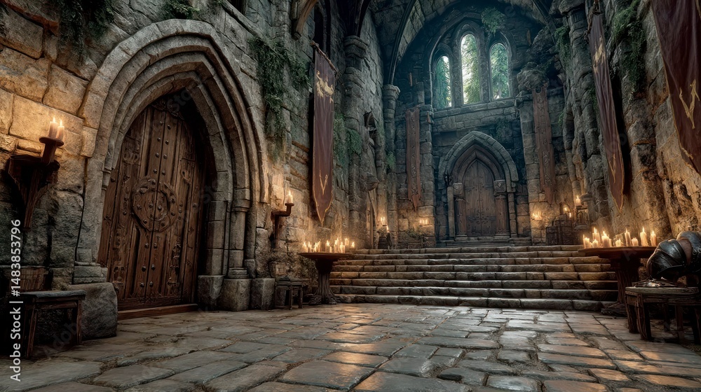 Obraz premium Medieval Hall with Stone Walls Arched Doors and Candlelit Ambiance for Fantasy Settings