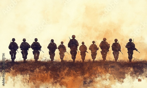 group of military soldiers infantry army marching to war battle battlefield for patriotic victory and wining or surrender as wide clean banner poster design with copy space