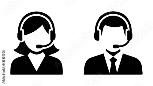Customer service representative black silhouette icons wearing headsets for call center and support themes