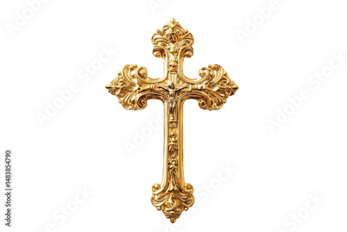 Golden ornate cross with jesus on transparent background