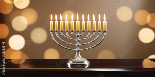 Silver Menorah with Eight Lit Candles and Shamash on Polished Table


