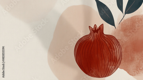 Vibrant flat illustration of a pomegranate with stylized leaves, showcasing its round shape and rich color, perfect for culinary or health-related design projects and creative applications