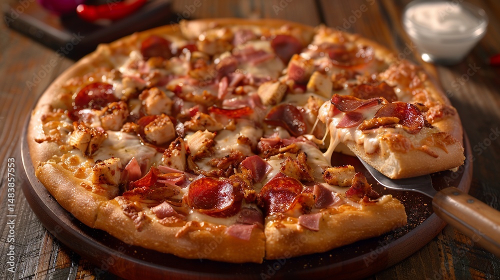 A loaded pizza with chicken, ham, pepperoni, and melted cheese A loaded pizza with chicken, ham, pepperoni, and melted cheese