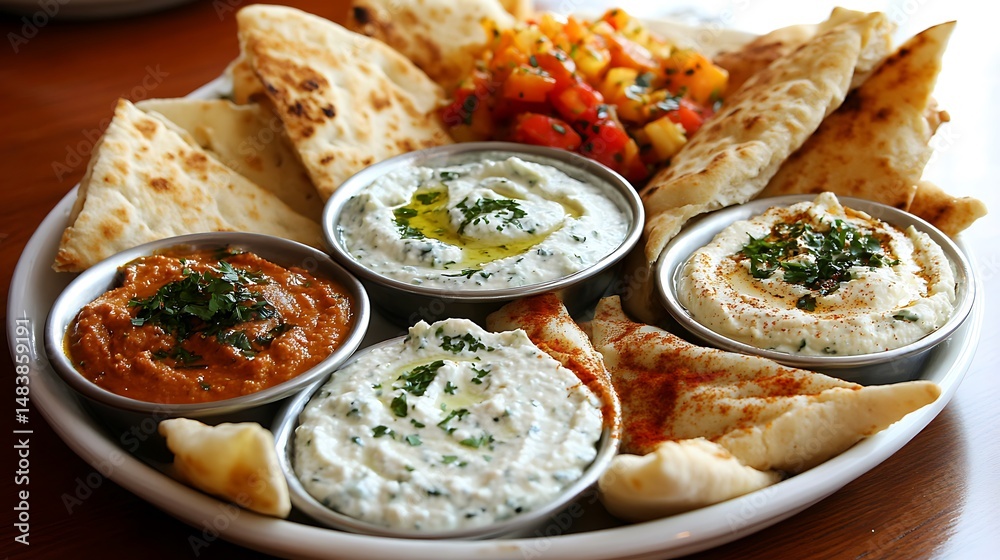 Assorted Dips with Pita Bread and Roasted Vegetables Assorted Dips with Pita Bread and Roasted Vegetables