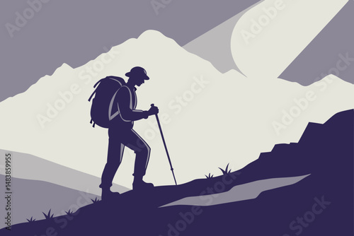 Generated AI Mountain Hiker Silhouette Illustration of Hiking Adventure