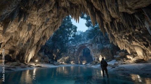 Explorer Standing in a Luminous Cave with Crystal Clear Water and Majestic Rock Formations Ide photo