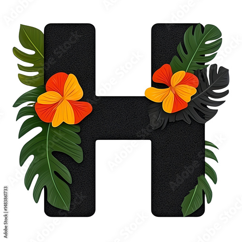 Botanical Letter H on Transparent Background with Black Texture and
