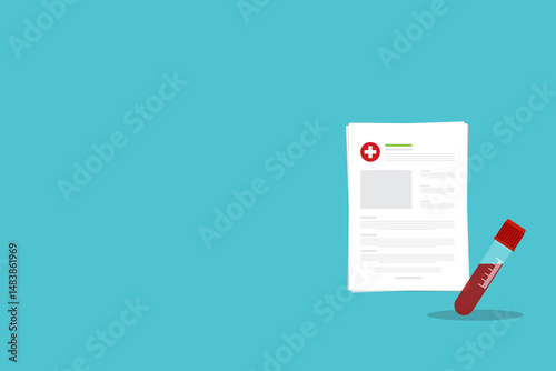 Blood test, analysis. Blood test icon. Medical analysis laboratory test. Medical sample in a plastic box and medical report.