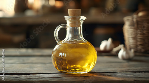 Aceite de Ajo, Garlic Oil golden garlic oil in clear glass bottle, rustic warm background