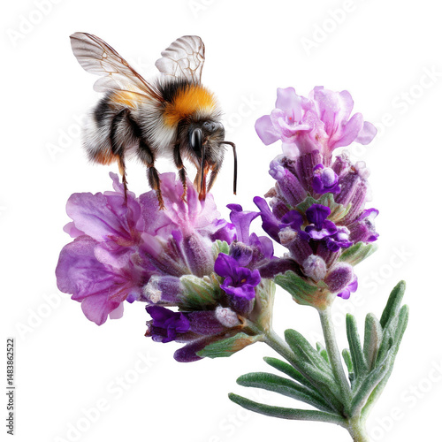 Bumblebee on lavender flower isolated on transparent background