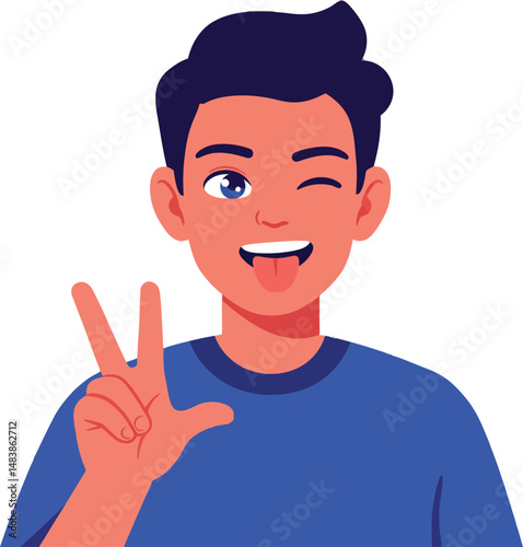 Young man winking and showing three fingers in blue shirt vector illustration cheerful expression 