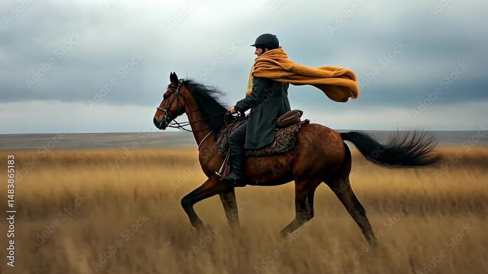 Witness the beauty of nature as a man gracefully rides a horse in a picturesque field under the clear blue sky.
