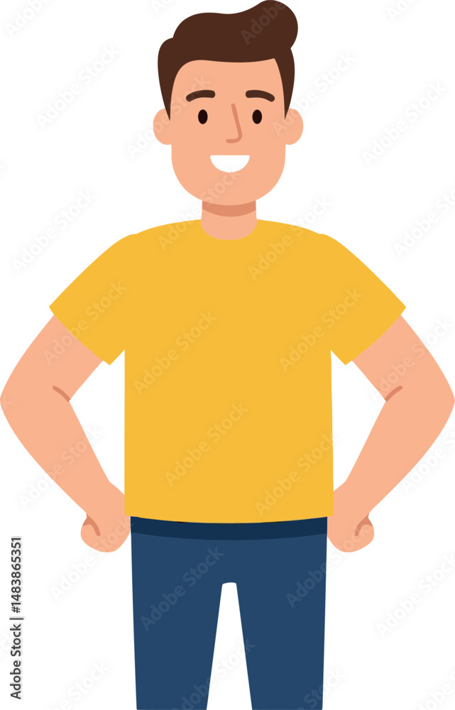 Young man standing with hands on hips wearing yellow shirt and blue pants vector illustration Young man standing with hands on hips wearing yellow shirt and blue pants vector illustration