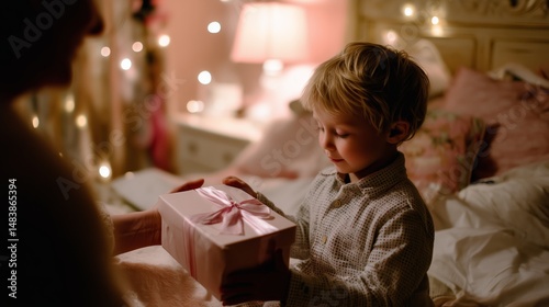 Obraz na płótnie Exciting moment as a child receives a gift during a cozy evening in a warmly lit bedroom w salonie