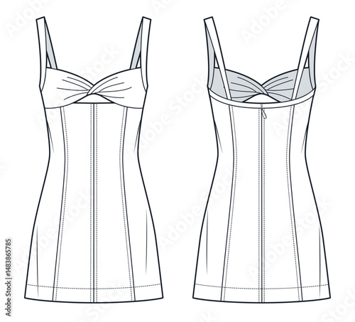 Mini Dress Fashion Flat Template. Bustier Dress fashion flat technical drawing template, straps, twist front, cutout, fitted, front and back view, white, women Dress CAD mockup.
