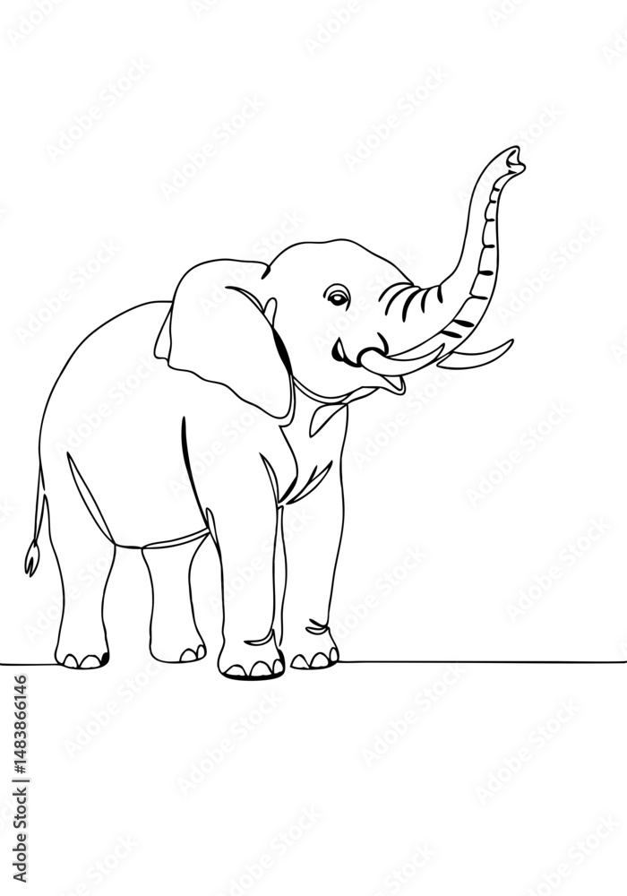 Naklejka premium Line drawing of an elephant with raised trunk on a white background 