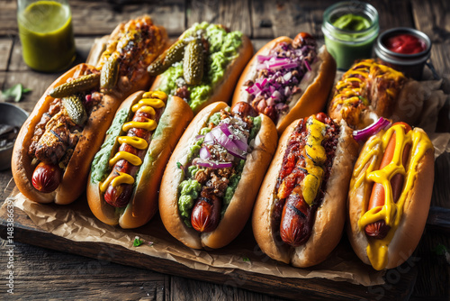 Flat lay of hot dogs with toppings – rustic food composition