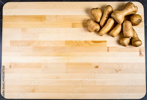 A wooden cutting board topped with sliced up yams.