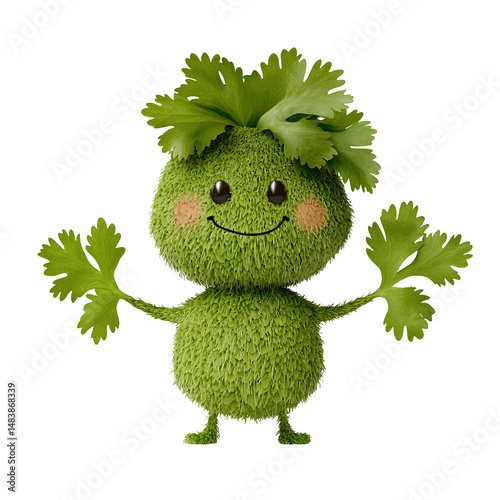 A cheerful, cartoon like character made entirely of cilantro. It has a round body, small legs, and arms that end in cilantro leaves. The character has rosy cheeks and a happy expression.