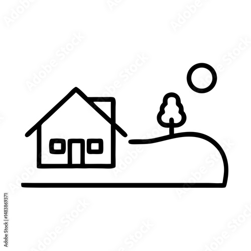 Simple line illustration of a house with tree and sun on landscape, icon, vector 