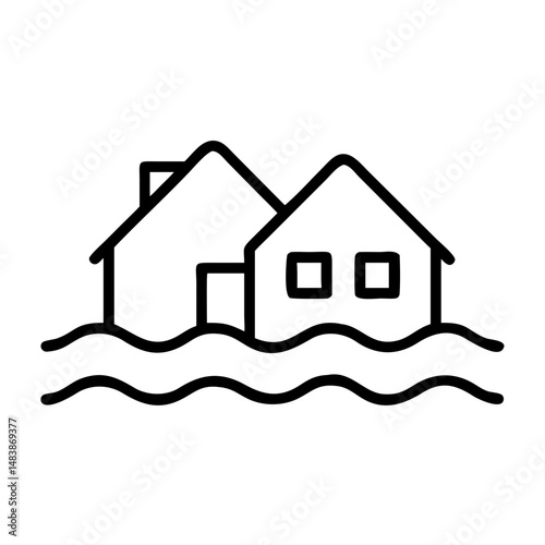 Houses partially submerged in water representing flooding scenario, icon, vector  