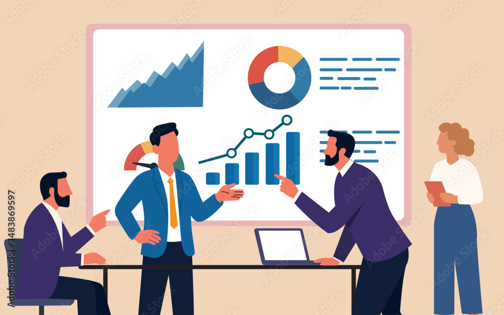 Business people and team with graph illustration, concept of success and communication at office work Business people and team with graph illustration, concept of success and communication at office work