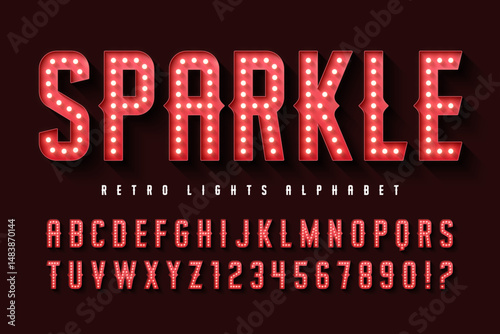Retro circus alphabet design, cabaret, fairy LED lamps letters and numbers.