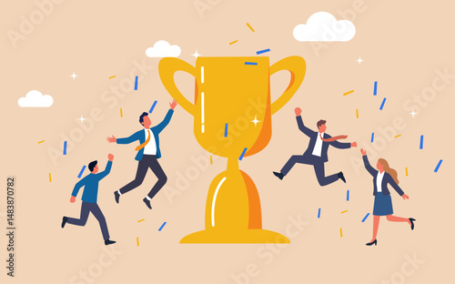 A vector illustration showing a winning business team in a gold trophy cup, symbolizing achievement and success
