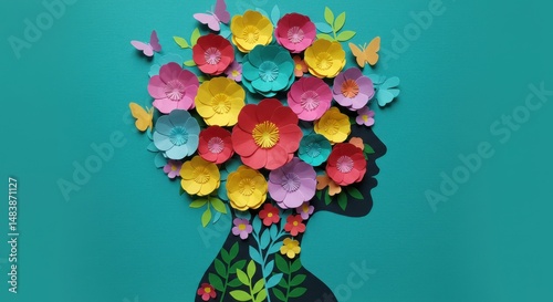 Floral silhouette representing femininity and growth with colorful paper flowers