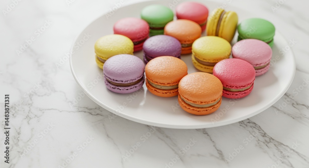 Obraz premium Colorful Macarons on White Plate - A plate of colorful macarons sits on a marble surface. Sweet treats, delicious, and perfect for any occasion