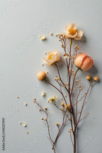 Delicate pastel blossoms arranged on a serene grey backdrop, creating an elegant and minimalist floral composition for design inspiration.