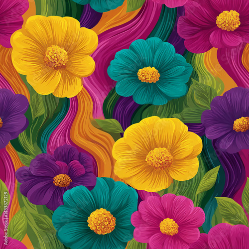 Wallpaper Mural Vibrant floral seamless pattern with bold colors and stylized flowers and leafy elements Torontodigital.ca