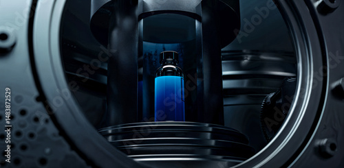 Futuristic Machine with Glowing Blue Vial in futuristic Laboratory Setting